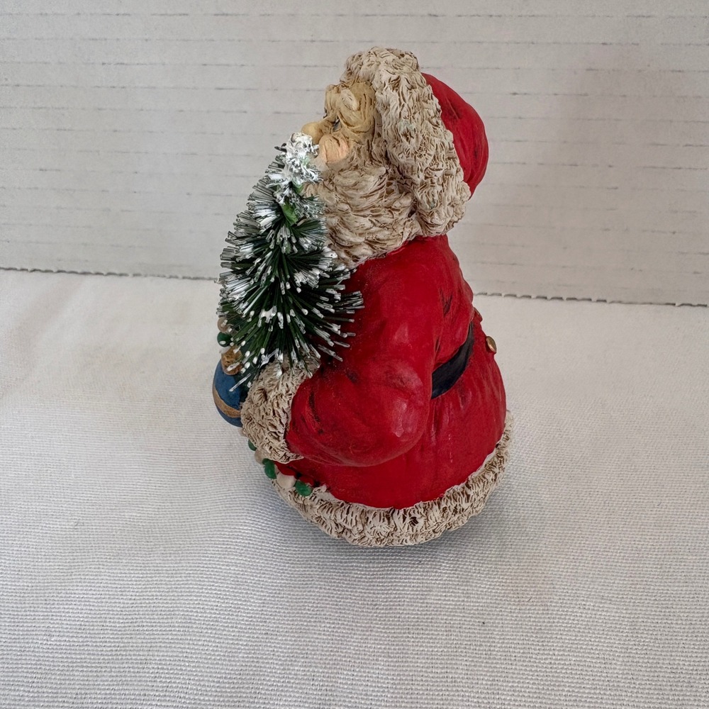 Vintage Style Resin Santa Claus Figurine with Frosted Tree and Toy Sack 4.5in - Picture 2 of 9